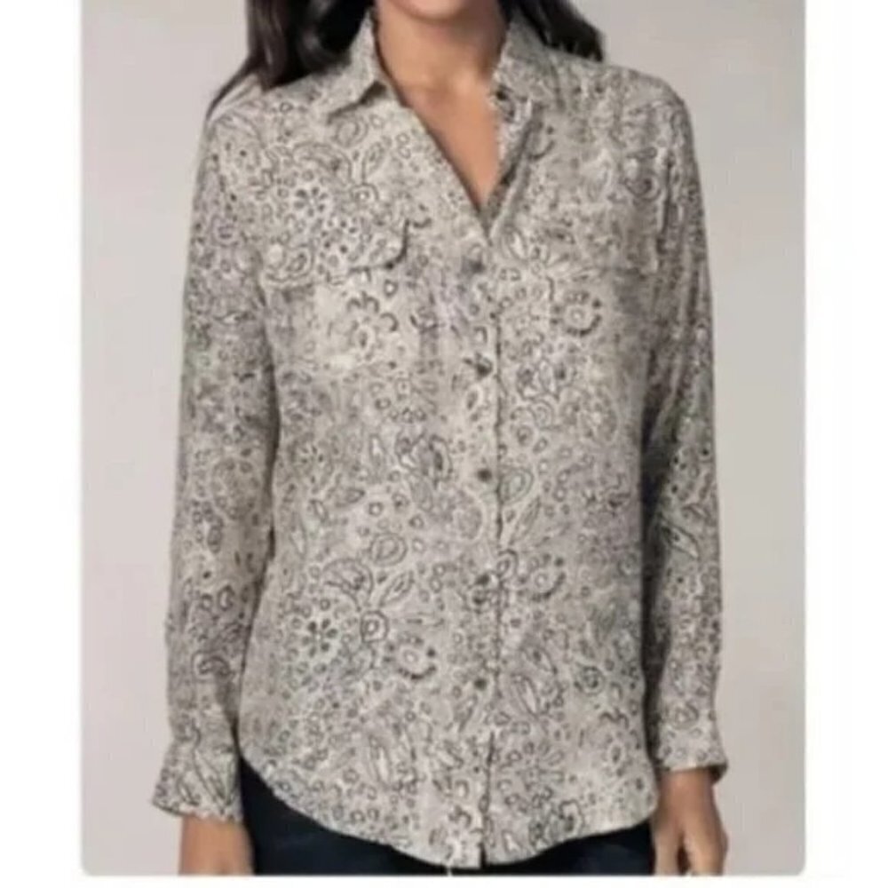 CABI Silk Sketch Blouse Taupe Black Sz S #654 EUC